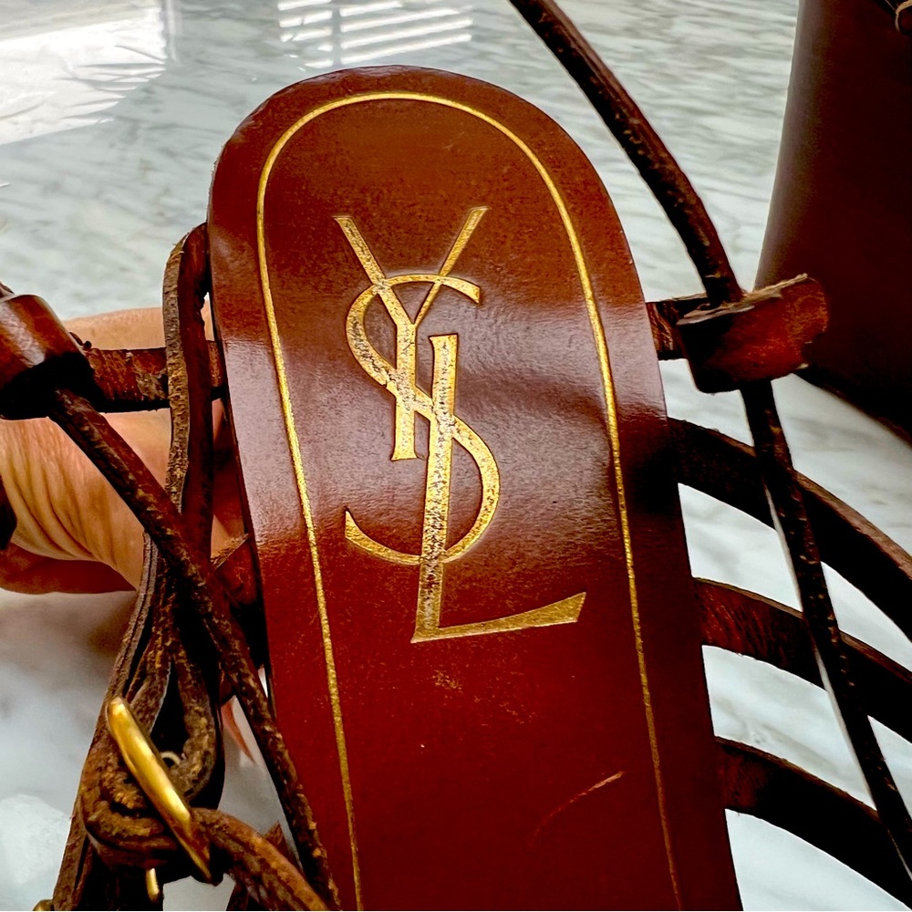 YSL Vintage platform wedge brown leather straps sandals size 39